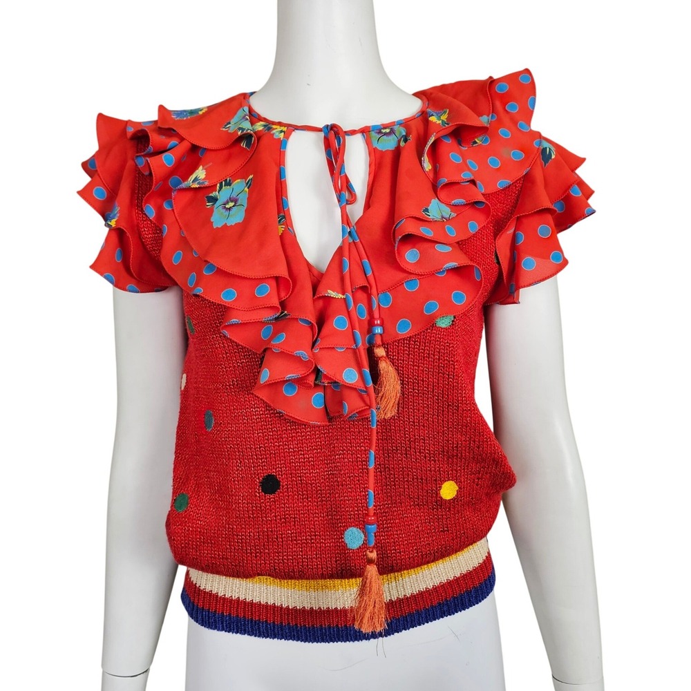 Vintage Diane Freis Marisa Christina Silk Rayon Acrylic Ruffle Boho Top Red
